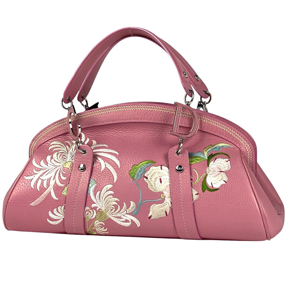 Christian Dior handbag floral embroidery leather pink
